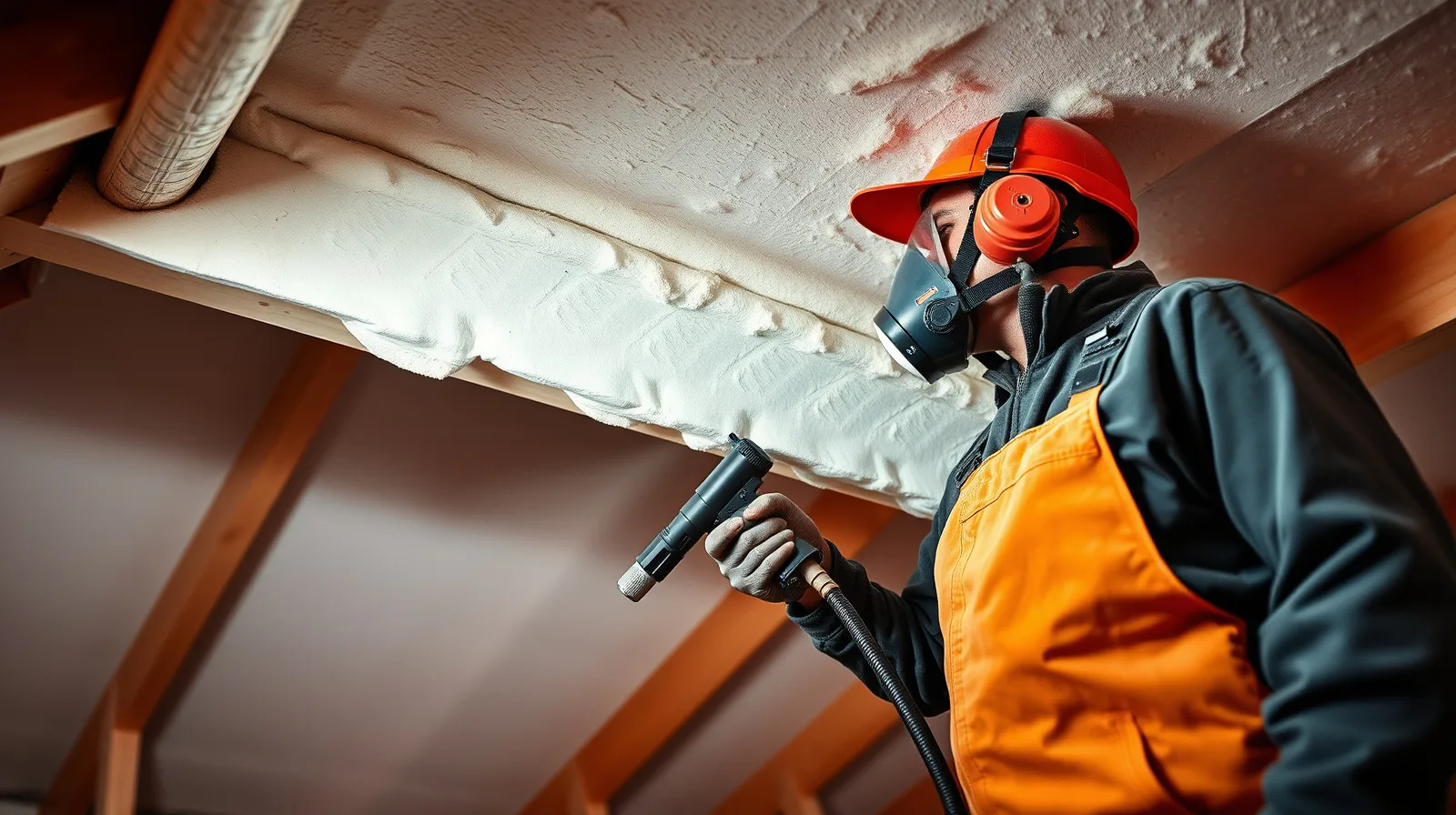 Technician spray-applying closed-cell spray foam insulation into an attic roof deck in Akron, Ohio